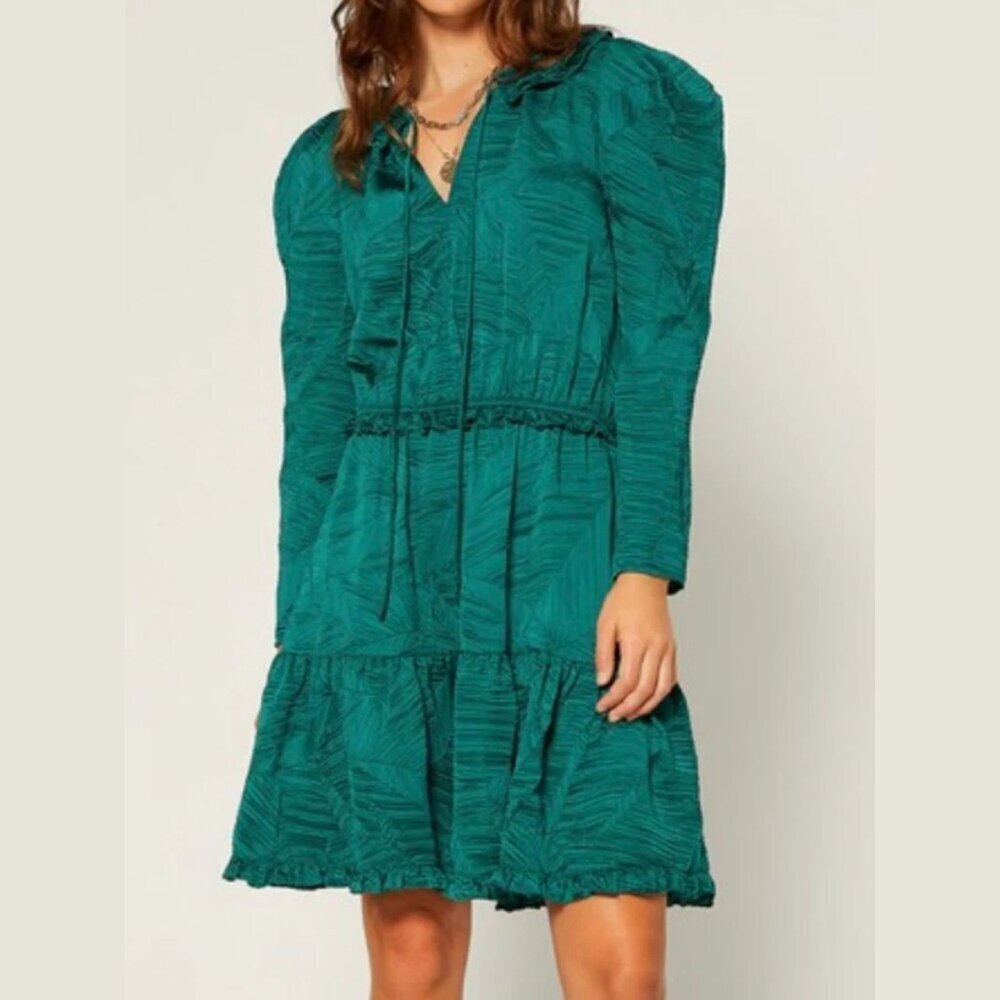 New! Current Air Emerald Green Crinkled Puff Sleeve Mini Dress XS 26995